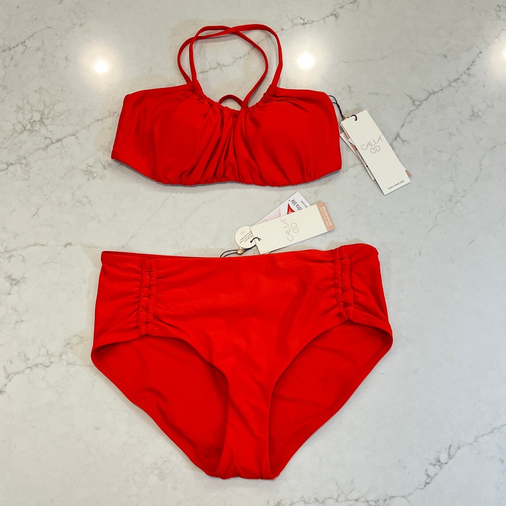 CALIA Scrunched Tie Back Bikini Set Womens M Fresh Red Mid Rise Adjustable Leg
